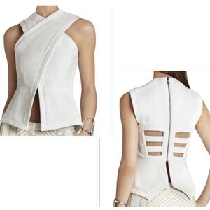 BCBGMAXAZRIA white Munson woven crossover structured fitted peplum top Sz L